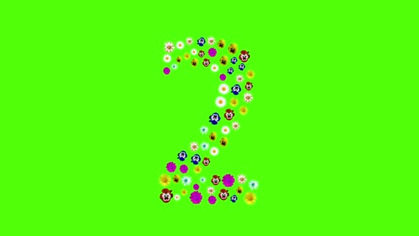 Números 1, 2,3,4,5,6,7,8,9,10 de cores diferentes em um fundo isolado verde. Aparecer fazer morphing Elemento para decoração. Pansies, olhos, camomila. Screensaver, corte, feriado, casamento, aniversário — Vídeo de Stock