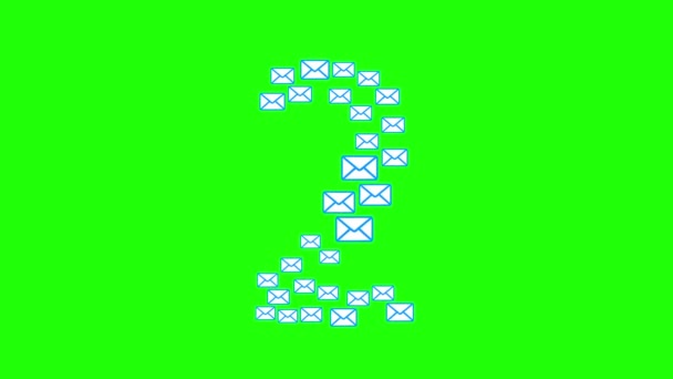 Números, 1, 2, 3, 4, 5,6,7,8.9,10 aparecen gradualmente de los iconos de correo. Cuenta atrás. Concepto para infografías, internet, redes sociales. Canal alfa. Sobre un fondo verde.Diseño, transformación — Vídeos de Stock