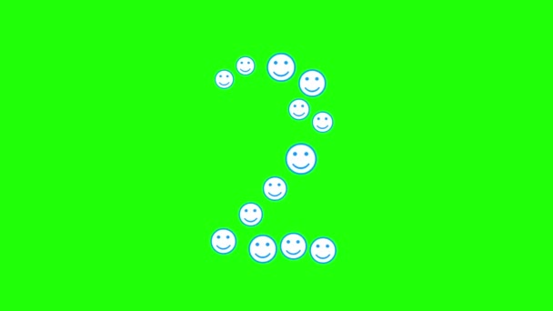 Números, 1, 2, 3, 4, 5,6,7,8.9,10 emergen gradualmente de los iconos sonrientes. Cuenta atrás. Concepto para infografías, internet, redes sociales. Canal alfa. Sobre un fondo verde.Diseño, transformación — Vídeos de Stock