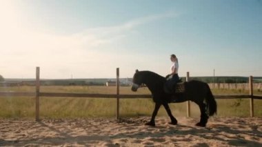 Arenada siyah zarif bir ata binen bayan jokey. Binicilik bahçesi. Aktif yaşam tarzı konsepti. Jokey. Spor. Hafta sonu binicilik kulübünde. Yaz günbatımı. Yavaş hareket et