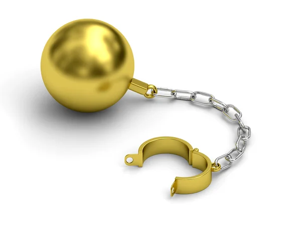 Golden prison shackle with chain on white background — Stock Photo, Image