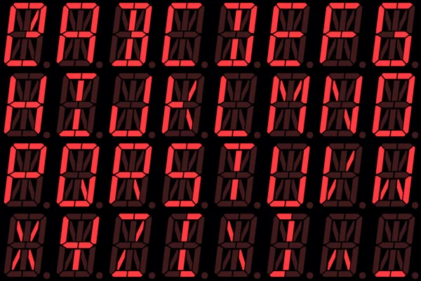 Fonte numérique à partir de lettres majuscules sur écran LED alphanumérique rouge — Photo