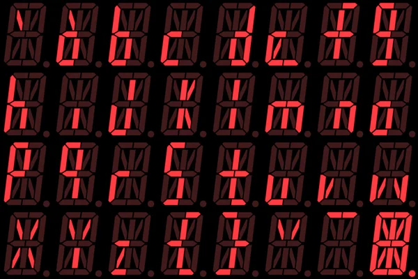 Ψηφιακή γραμματοσειρά από μικρά γράμματα στην κόκκινη Led αλφαριθμητική οθόνη — Φωτογραφία Αρχείου