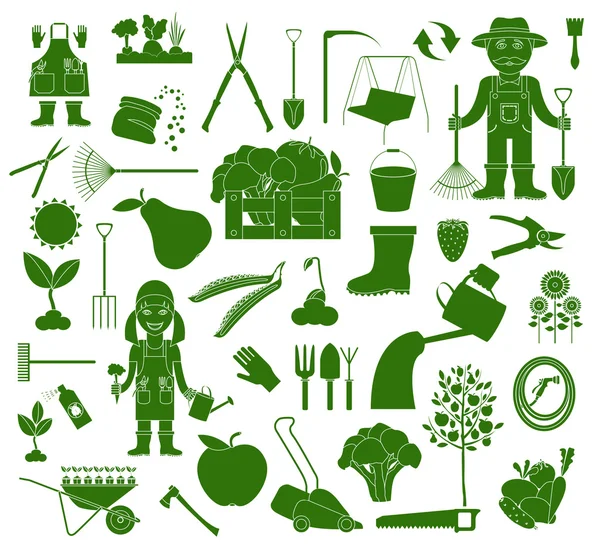 Trabalho de jardinagem, conjunto de ícones agrícolas. Design de estilo plano — Vetor de Stock