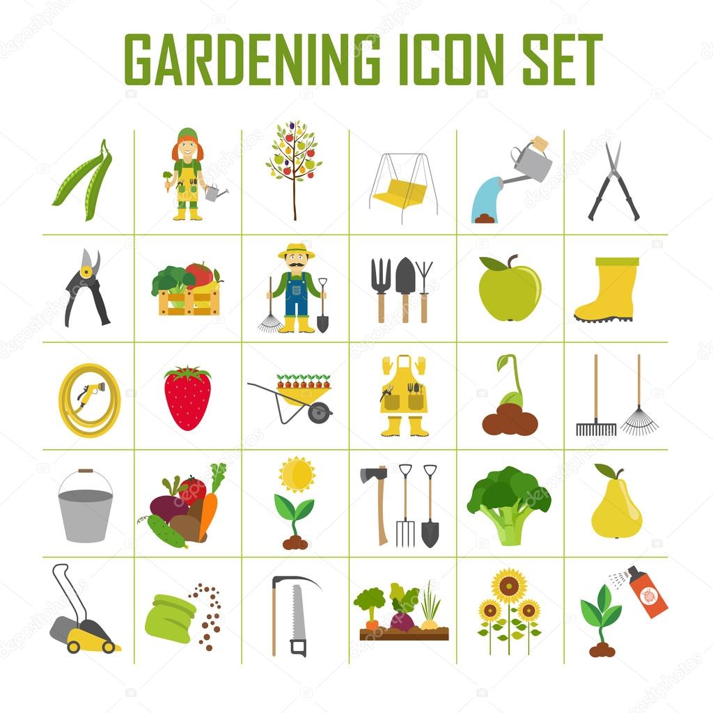 Gardening work, farming icon set. Flat style design