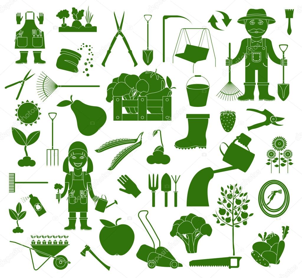 Gardening work, farming icon set. Flat style design