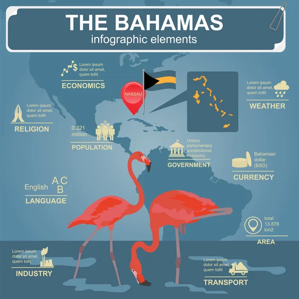 Os infográficos das Bahamas, dados estatísticos, vistas — Vetor de Stock