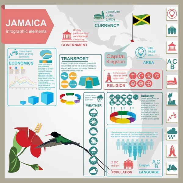 Jamajka infografiki, dane statystyczne, zabytki — Wektor stockowy