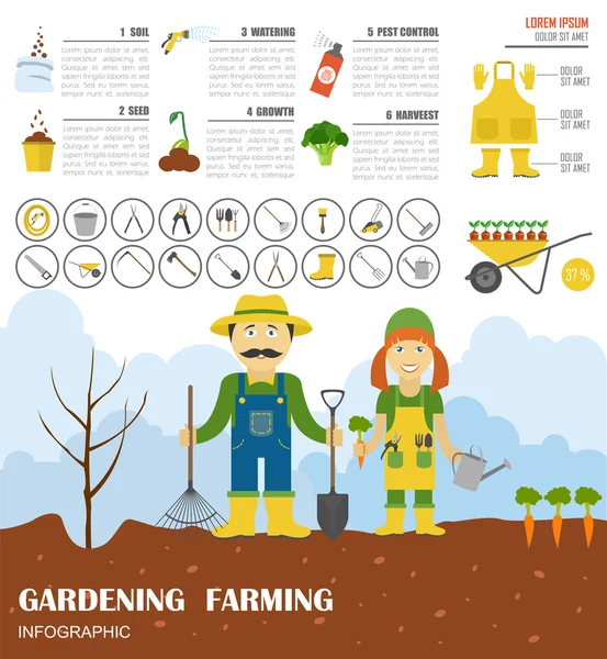 Lavori di giardinaggio, infografica agricola. Modello grafico. Styl piatto — Vettoriale Stock
