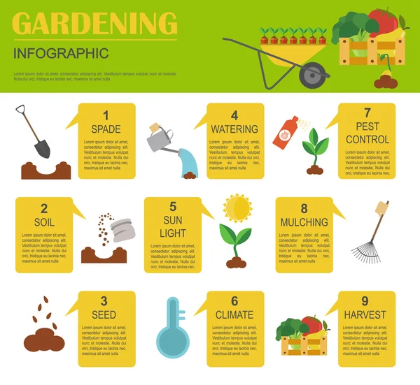 Travaux de jardinage, infographie agricole. Modèle graphique. Style plat — Image vectorielle