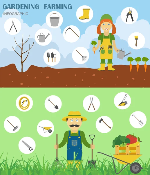 Gartenarbeit, landwirtschaftliche Infografik. Grafikvorlage. flaches Styling — Stockvektor