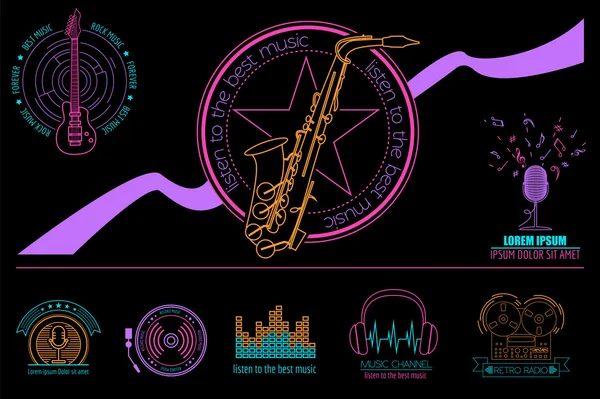 Instrumentos musicales logotipos e insignias. Plantilla gráfica — Archivo Imágenes Vectoriales