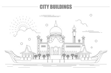 Şehir binaları grafik şablonu. Sultan Omar Camii. Brunei.