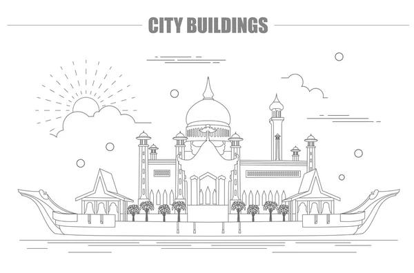 Plantilla gráfica de edificios urbanos. Mezquita del sultán Omar. Brunéi . — Vector de stock