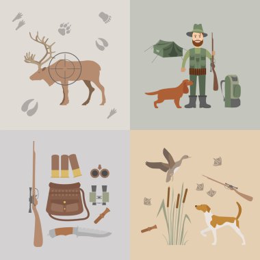 Avcılık Icon set. Köpek av, ekipman. Düz stil