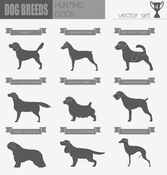 Köpek ırkları. Av köpeği Icon set. Düz stil — Stok Vektör