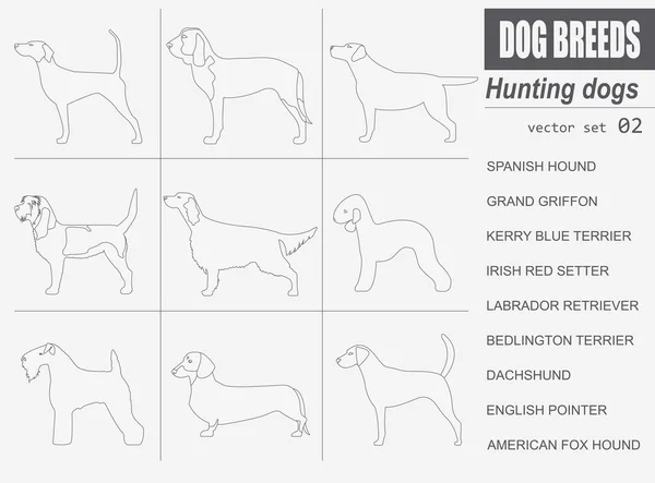 Razas de perros. Icono de juego de perros de caza. Estilo plano — Vector de stock