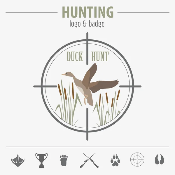 Logotipo de caça e modelo de emblema. Design plano. Vector illustratio — Vetor de Stock