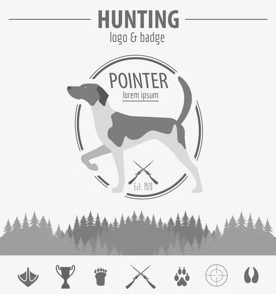 Logo a odznak šablona lov. Pes lovecký, vybavení. Ploché d — Stockový vektor