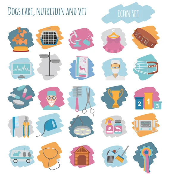 Set de iconos de perro. Heatlh cuidado, veterinario, nutrición, exposición — Vector de stock