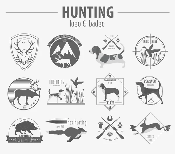 Hunting logo and badge template. Dog hunting, equipment.  Flat d — Stock Vector