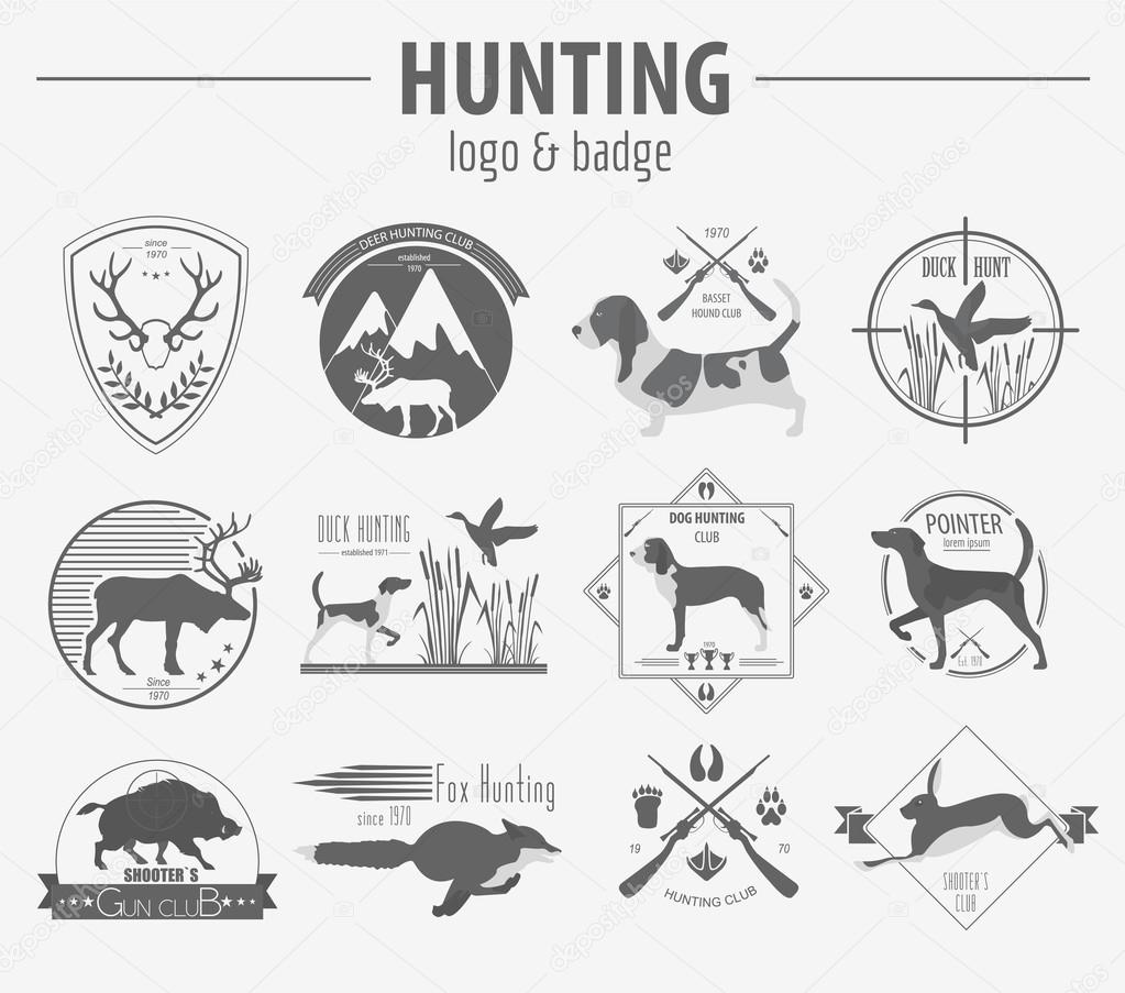 Hunting logo and badge template. Dog hunting, equipment.  Flat design. Vector illustration