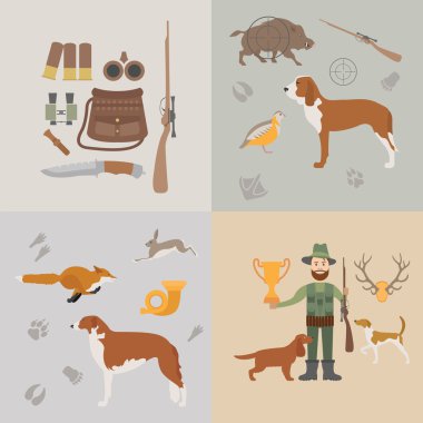 Avcılık Icon set. Köpek av, ekipman. Düz stil