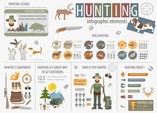 Κυνήγι infographic πρότυπο. Σκυλί κυνηγιού, εξοπλισμός, ΣΤΑΤΙΣΤΙΚΑ — Διανυσματικό Αρχείο