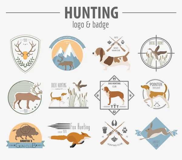 Hunting logo and badge template. Dog hunting, equipment.  Flat d — Stock Vector