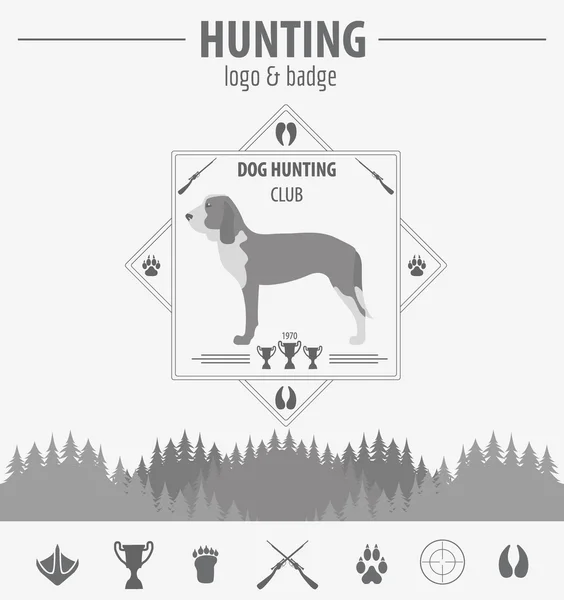 Hunting logo and badge template. Dog hunting, equipment.  Flat d — Stock Vector