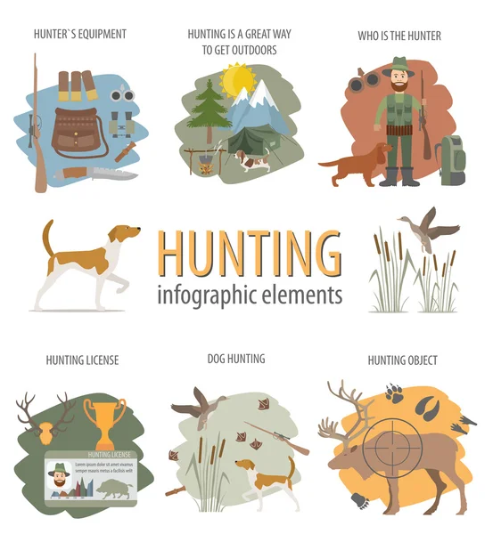 Modèle d'infographie de chasse. Chasse au chien, équipement, statistiques — Image vectorielle