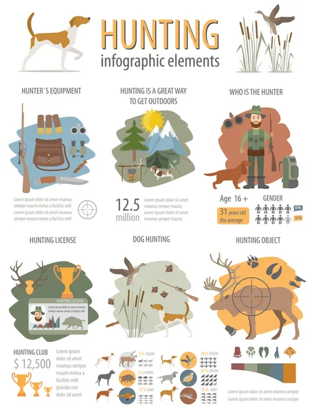 Șablon infografic de vânătoare. Vânătoare de câini, echipamente, statistică — Vector de stoc