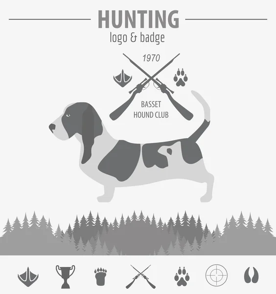 Logotipo de caça e modelo de emblema. Caça ao cão, equipamento. Plano d — Vetor de Stock