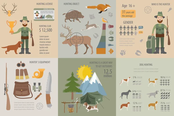 사냥 infographic 템플릿입니다. 사냥, 장비, statistica 개 — 스톡 벡터