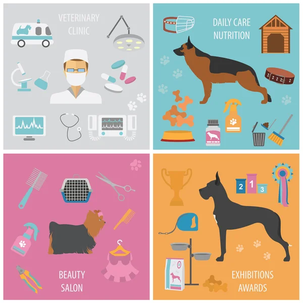 Hond info grafische sjabloon. Heatlh zorg, dierenarts, voeding, exhibiti — Stockvector