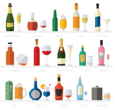 Alkol bardak ve şişeler düz Icon set. Farklı alkol bev