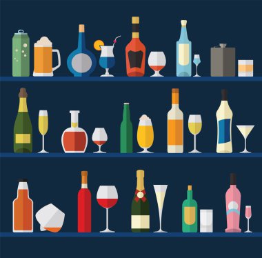 Alkol bardak ve şişeler düz Icon set. Farklı alkol bev