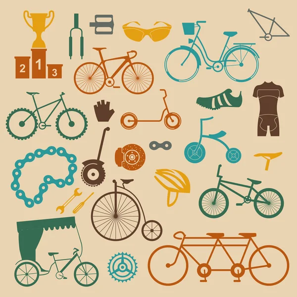 Set di icone per biciclette. Tipi di bici. Illustrazione vettoriale design piatto — Vettoriale Stock