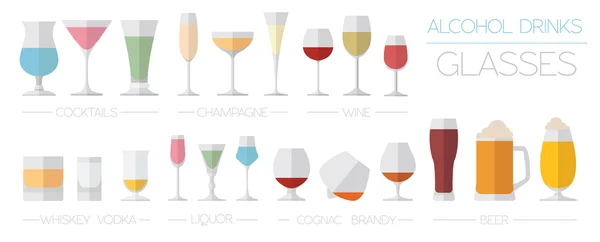 Alcohol glasses flat icon set. Different alcohol beverages — Stock Vector