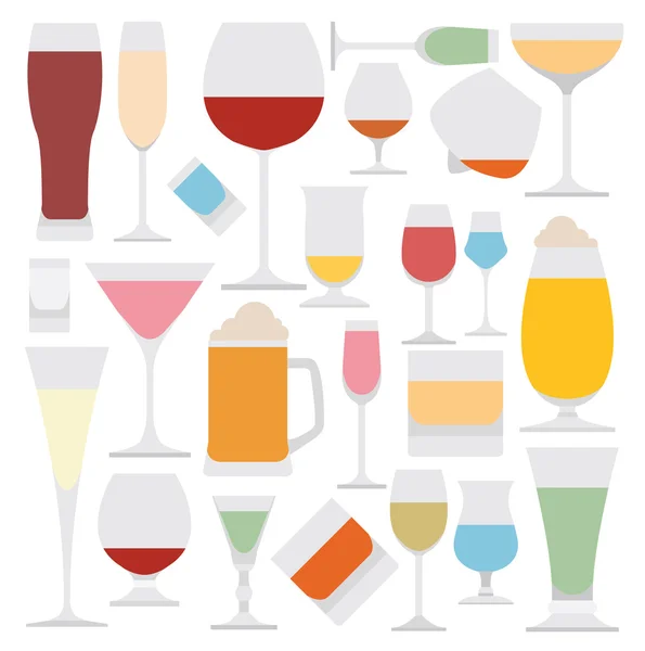 Alcohol glasses flat icon set. Different alcohol beverages — Stock Vector