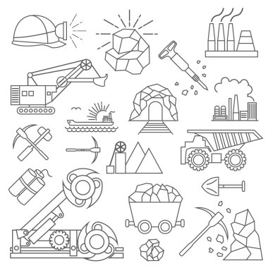 Kömür madenciliği Icon set. İnce çizgi simgesi tasarım