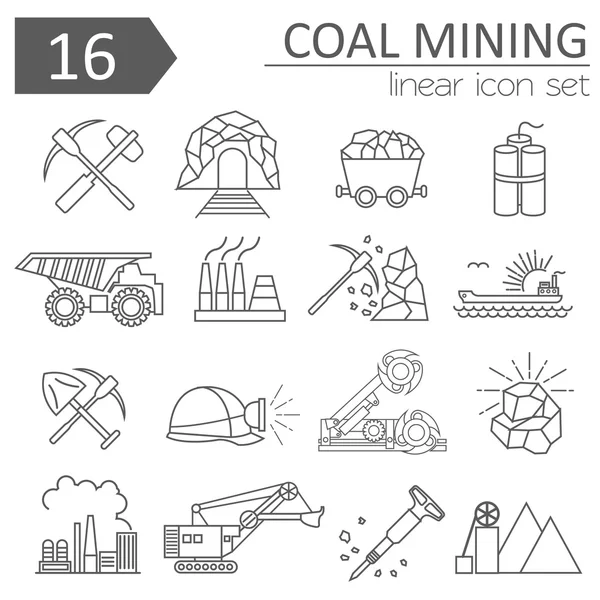 Conjunto de iconos de minería de carbón. Diseño de iconos de línea delgada — Vector de stock