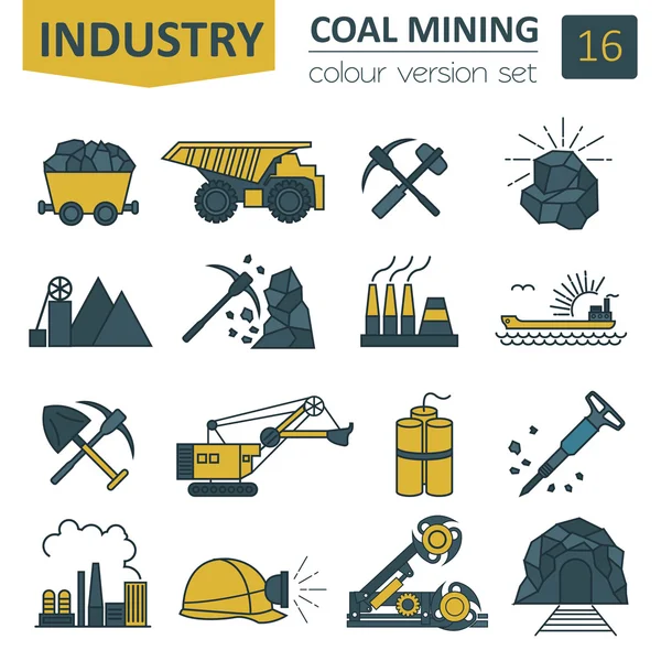 Conjunto de iconos de minería de carbón. Diseño de la versión de color — Vector de stock