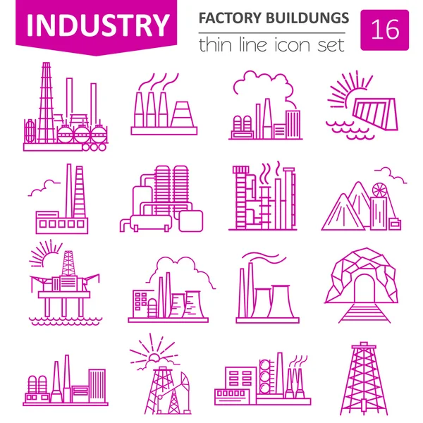 Edificios de fábrica icono conjunto. Diseño de iconos de línea delgada — Vector de stock