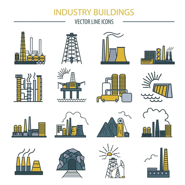 Edificios de fábrica icono conjunto. Diseño de la versión de color — Archivo Imágenes Vectoriales