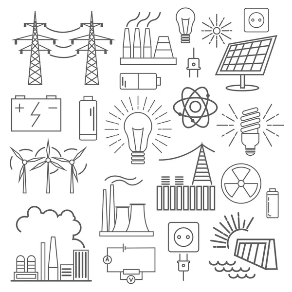 Conjunto de iconos de energía eléctrica. Diseño de línea delgada — Vector de stock