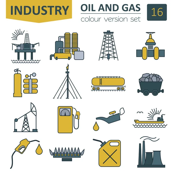 Conjunto de iconos de la industria del petróleo y gas. Diseño del color — Vector de stock