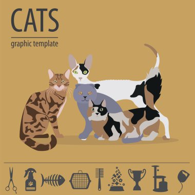 Düz stil kedi karakterler ve veteriner Bakımı simgesi ayarla