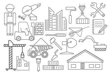 Icon set onarım inşaat ve ev. İnce çizgili Tema