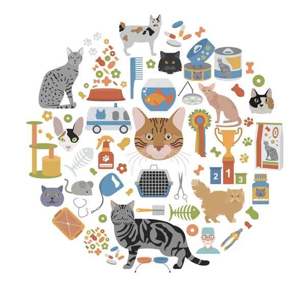 Personagens de gato e ícone cuidado veterinário definir estilo plano — Vetor de Stock